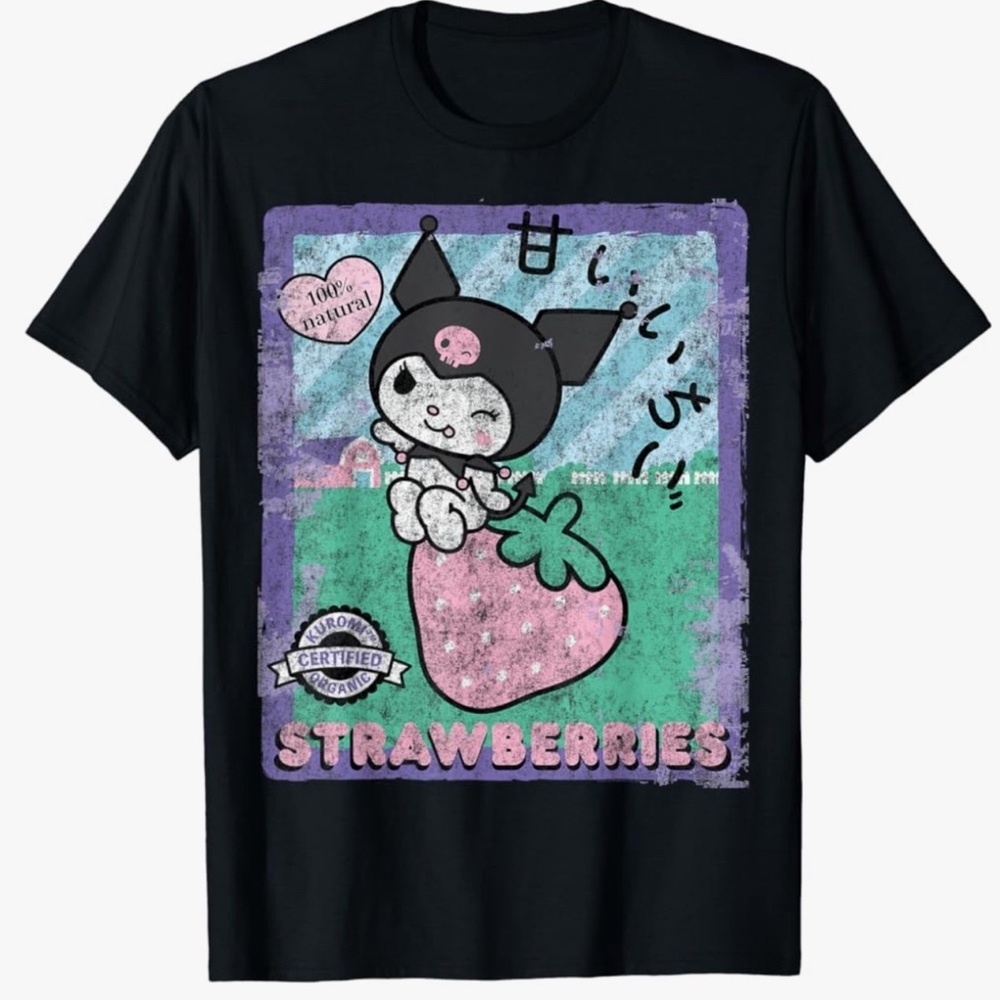 Sanrio Black Tee with Kuromi and Strawberries